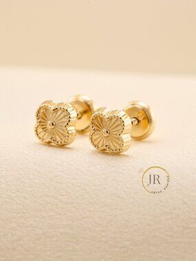14K Solid Gold Four Leaf Clover Stud Earrings Good Luck Jewelry